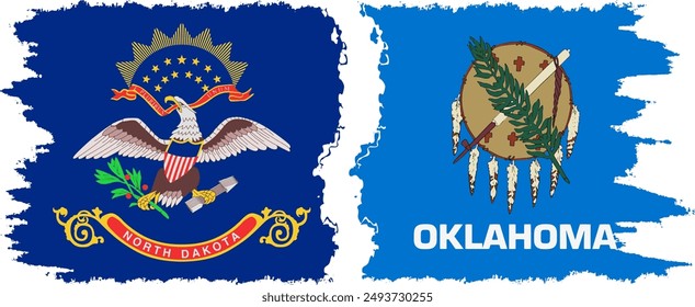 Oklahoma and North Dakota states grunge brush flags connection, vector