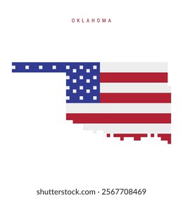 Oklahoma pixel flag map icon. 8 bit pixel art map covered with american flag. Flat vector illustration isolated on white background.