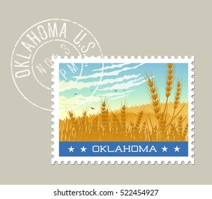 Oklahoma postage stamp design. Vector illustration of wheat fields under morning sky. Grunge postmark on separate layer