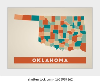 Oklahoma poster. Map of the US state with colorful regions. Shape of Oklahoma with US state name. Radiant vector illustration.