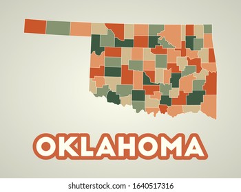 Oklahoma poster in retro style. Map of the us state with regions in autumn color palette. Shape of Oklahoma with us state name. Amazing vector illustration.