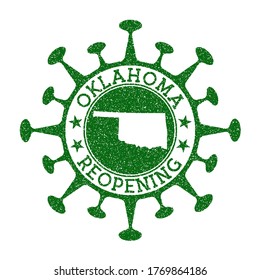 Oklahoma Reopening Stamp. Green round badge of US state with map of Oklahoma. US state opening after lockdown. Vector illustration.