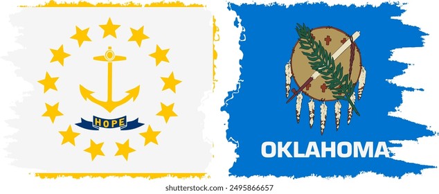 Oklahoma and Rhode Island states grunge brush flags connection, vector