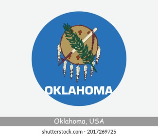 Oklahoma Round Circle Flag. OK USA State Circular Button Banner Icon. Oklahoma United States of America State Flag. Land des roten Mannes, der frühere Staat, EPS-Vektorgrafik