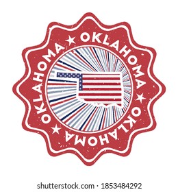 Oklahoma round grunge stamp with US state map and country flag. Vintage badge with circular text and stars, vector illustration.