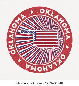 Oklahoma round stamp. Logo of US state with flag. Vintage badge with circular text and stars, vector illustration.