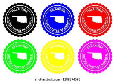 Oklahoma - rubber stamp - vector, Oklahoma (United States of America) map pattern - sticker - black, blue, green, yellow, purple and red 