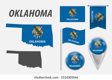 OKLAHOMA. Set of national infographics elements with various flags, detailed maps, pointer, button and different shapes badges. Patriotic 3d symbols for Sport, Patriotic, Travel, Design, Template.