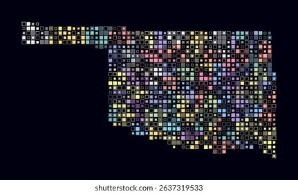 Oklahoma, shape of the state build of colored cells. Digital style map of the Oklahoma on dark background. Small size square blocks. Simple vector illustration.