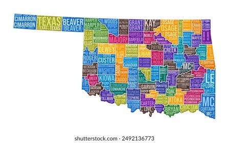 Oklahoma shape. State word cloud with county division. Oklahoma colored illustration. County names cloud. Vector illustration.