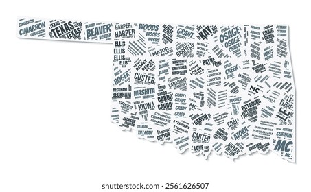 Oklahoma shape text cloud. State border with shadow on white background. Oklahoma with counties division in vintage gazette style. Elegant vector illustration.