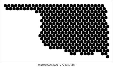 Oklahoma simple black and white hexagon map shape template. State plain hexagon cell dots. Oklahoma flat honeycomb boundary. Vector Illustration.