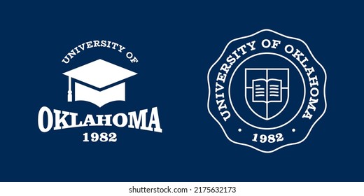 Oklahoma slogan typography graphics for t-shirt. University print and logo for apparel. T-shirt design with shield and graduate hat. Vector illustration.