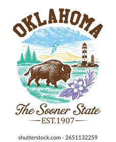 Oklahoma The Sooner State Design - US State Vintage T-shirt Vector, USA States Cityscape Landmark Icons, American State Typography Shirt, USA Skyline Clipart, Retro travel city illustration
