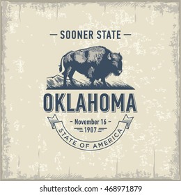 Oklahoma, Sooner State, stylized emblem of the state of America, Buffalo, bison, vintage