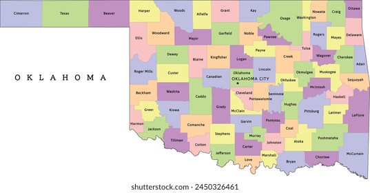 Oklahoma state administrative map with counties. Clored. Vectored. Bright colors svg