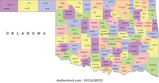 Oklahoma state administrative map with counties and seats. Clored. Vectored. Bright colors svg