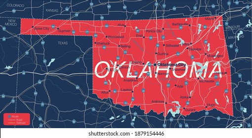 Oklahoma state detailed editable map with cities and towns, geographic sites, roads, railways, interstates and U.S. highways. Vector EPS-10 file, trending color scheme