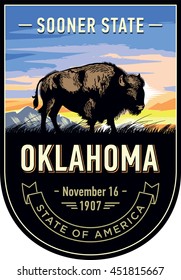 Oklahoma state emblem, Buffalo, bison, sunrise on a dark background