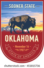 Oklahoma State Emblem, Buffalo, Bison, Sunrise On A Red Background