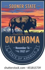 Oklahoma state emblem, Buffalo, bison, sunset on a blue background