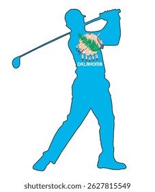 A Oklahoma state golfer silhouette taking his swing isolated on white with state flag inset