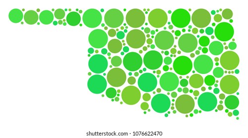 Oklahoma State Map collage of randomized circle elements in variable sizes and fresh green color hues. Vector spheric items are grouped into oklahoma state map mosaic.