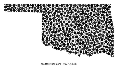 Oklahoma State Map composition of circle elements in variable sizes. Randomized filled circles are grouped into Oklahoma State Map composition. Vector geographical map vector illustration.