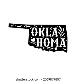 Oklahoma state map with doodle decorative ornaments. For printing on souvenirs and T-shirts