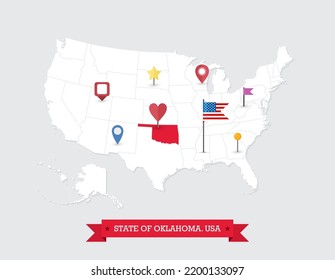 Oklahoma State map highlighted on USA map. Oklahoma map on United state of America with flag and navigation icons.