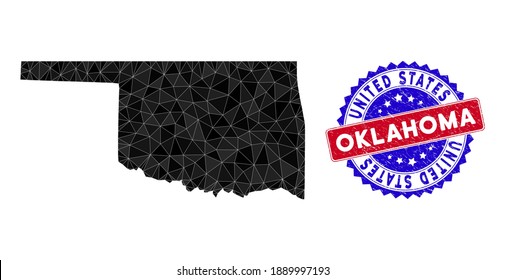 Oklahoma State map polygonal mesh with filled triangles, and unclean bicolor stamp print. Triangle mosaic Oklahoma State map with mesh vector model, triangles have variable sizes, and positions,