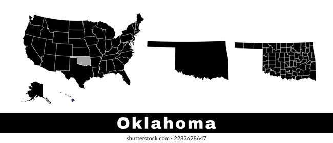 Mapa del estado de Oklahoma, Estados Unidos. Conjunto de mapas de Oklahoma con borde de contorno, condados y mapa de estados de EE. Ilustración vectorial de color blanco y negro.