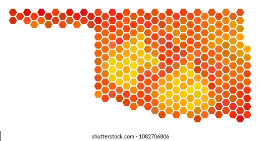 Oklahoma State map. Vector honeycomb territory map drawn with bright orange color hues. Abstract Oklahoma State map composition is composed of flame honeycomb items.