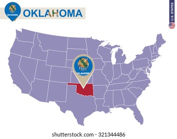 Oklahoma State on USA Map. Oklahoma flag and map. US States.