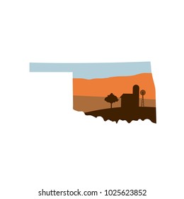 Oklahoma State Shape w Farm at Sunset with Windmill, Barn, and a Tree