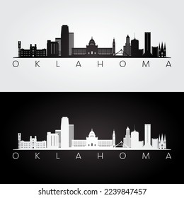 Oklahoma state skyline and landmarks silhouette, black and white design. Vector illustration.