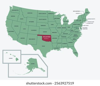 Oklahoma state, USA. Editable isolated blank vector map of United states, highlighted at state of Oklahoma.