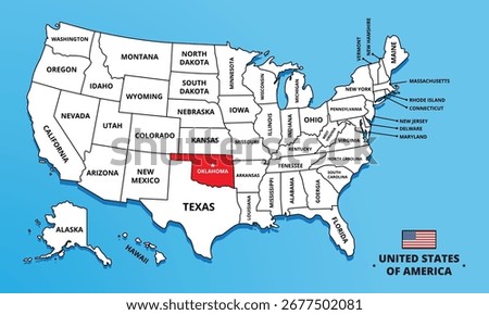 Oklahoma State, USA. Highlighted map on Oklahoma. Editable blank vector map of USA