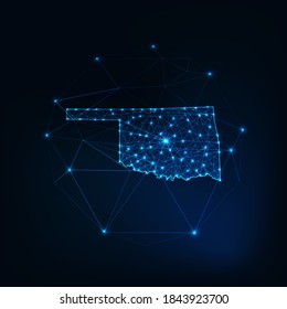 Oklahoma state USA map glowing silhouette outline made of stars lines dots triangles, low polygonal shapes. Communication, internet technologies concept. Wireframe futuristic vector illustration