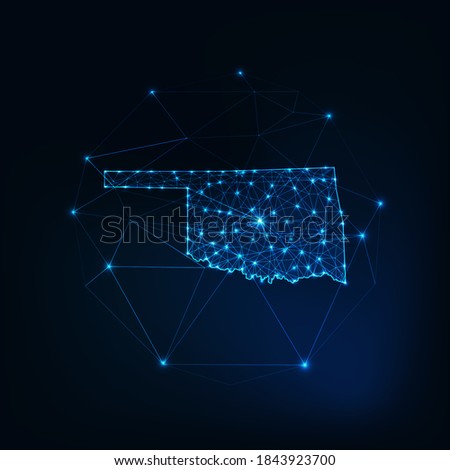 Oklahoma state USA map glowing silhouette outline made of stars lines dots triangles, low polygonal shapes. Communication, internet technologies concept. Wireframe futuristic vector illustration