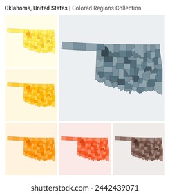 Oklahoma, United States. Map collection. State shape. Colored counties. Blue, Grey, Yellow, Amber, Orange, Deep Orange, Brown color palettes. Border of Oklahoma with counties. Vector illustration.