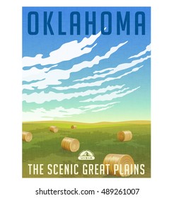 Oklahoma, United States retro travel poster or luggage sticker. Scenic field with round hay bales vector illustration