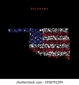 Oklahoma US state flag map, chaotic particles pattern in the colors of the american flag. Vector illustration isolated on black background.