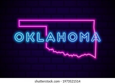 oklahoma US state glowing neon lamp sign Realistic vector illustration Blue brick wall glow