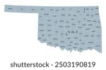 Oklahoma, U.S. state, gray political map with borders and county names. State in the South Central region of USA, subdivided into 77 counties. Native America, Land of the Red Man, and Sooner State.