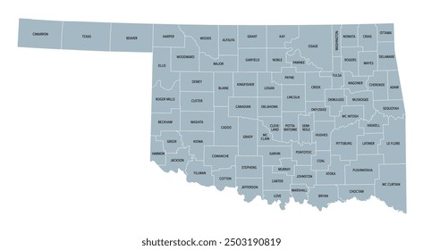 Oklahoma, U.S. state, gray political map with borders and county names. State in the South Central region of USA, subdivided into 77 counties. Native America, Land of the Red Man, and Sooner State.