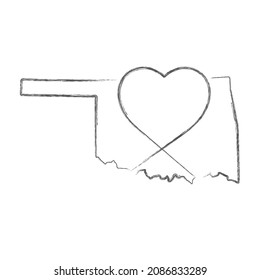 Oklahoma US state hand drawn pencil sketch outline map with heart shape. Continuous line drawing of patriotic home sign. A love for a small homeland. T-shirt print idea. Vector illustration.