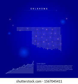 Oklahoma US state illuminated map with glowing dots. Infographics elements. Dark blue space background. Vector illustration. Growing chart, lorem ipsum text.