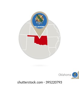 Oklahoma US State map and flag in circle. Map of Oklahoma, Oklahoma flag pin. Map of Oklahoma in the style of the globe. Vector Illustration.