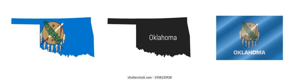 Oklahoma US state map with masked flag. Detailed silhouette. Waving flag. Vector illustration isolated on white.